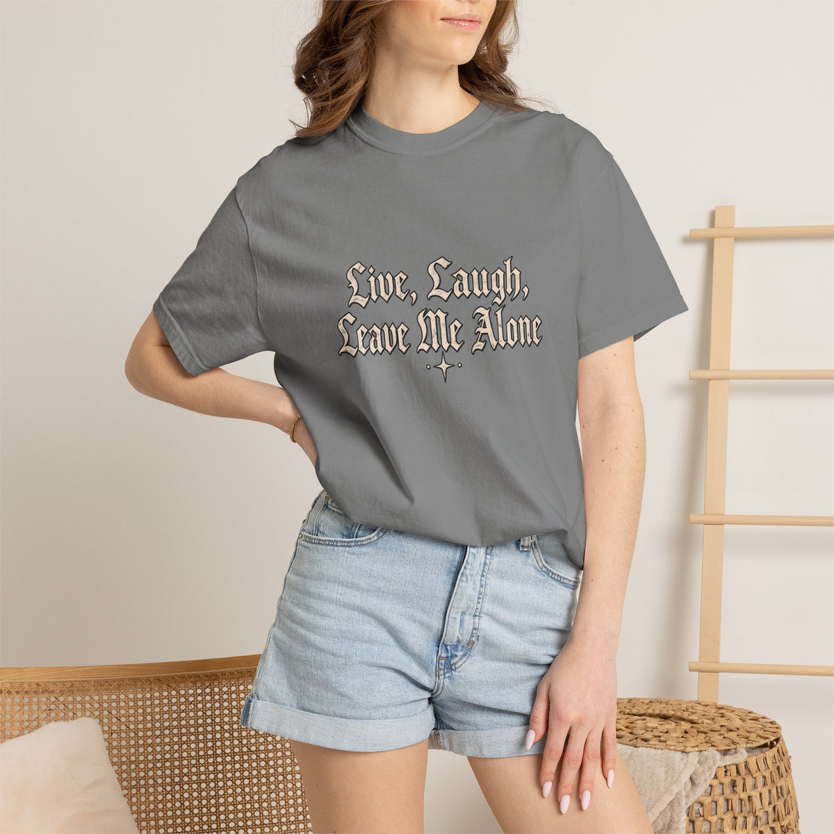 "Live, Laugh, Leave Me Alone" Gothic Script Graphic Tee